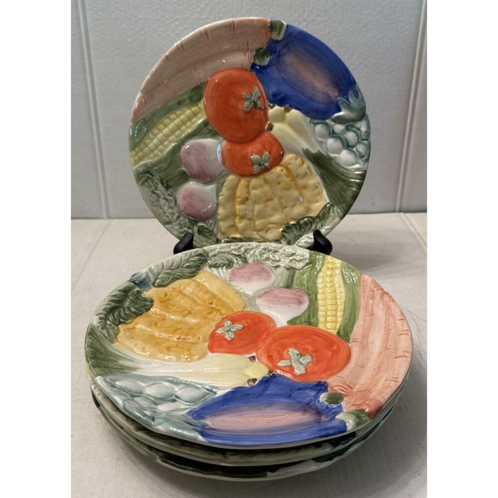 Vintage Fitz & Floyd Canape Luncheon Plates (4) Vegetable Garden 7-5/8" 1988